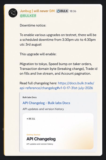 A screenshot of a Telegram message from 'Junbug | will never DM' addressing '@BULKER' regarding a scheduled downtime from 3:30pm to 4:30pm UTC on August 3rd to enable upgrades like migration to Tokyo and transaction domain byte changes.