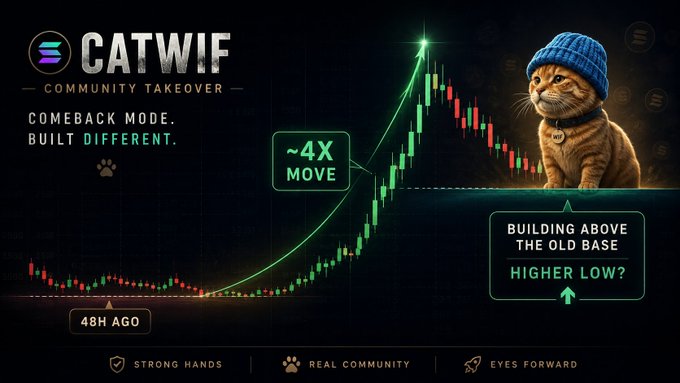 A promotional graphic for the "CATWIF Community Takeover" meme coin, featuring a candlestick chart showing a sharp rally labeled "~4X MOVE" and a cat wearing a blue beanie, with text highlighting "BUILDING ABOVE THE OLD BASE — HIGHER LOW?" and "48H AGO" — visually reinforcing the post's claim that $CATWIF surged roughly 4x from its 48-hour-old lows and is now pulling back to establish a higher low.