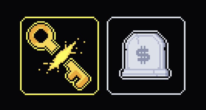 Two pixel art icons on a dark background: a golden key with sparkles in a black box on the left, and a grey tombstone with a dollar sign in a dark box on the right.