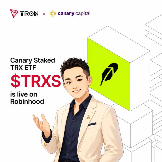 A promotional graphic announces the Canary Staked TRX ETF ($TRXS), now live on Robinhood, featuring the TRON and Canary Capital logos at the top alongside an illustration of Justin Sun in a cream blazer gesturing toward a green TRX-branded cube. The design emphasizes TRX's expanding accessibility through traditional financial platforms.