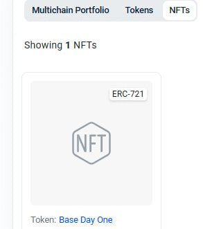 A mobile app interface showing a 'Multichain Portfolio' with NFTs tab selected, displaying one ERC-721 token titled 'Base Day One' in an empty NFT placeholder.