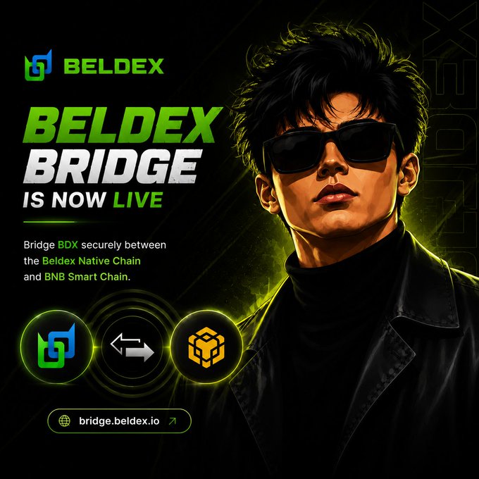 The image is a promotional graphic featuring an illustrated man in sunglasses against a dark green background, with text announcing that the "BELDEX BRIDGE IS NOW LIVE," enabling users to bridge BDX securely between the Beldex Native Chain and BNB Smart Chain, with the URL "bridge.beldex.io" displayed at the bottom.

The image reinforces the post's message by visually showcasing the live launch of the Beldex Bridge, emphasizing the trust and security focus highlighted in the announcement about completing an independent security assessment before going live.