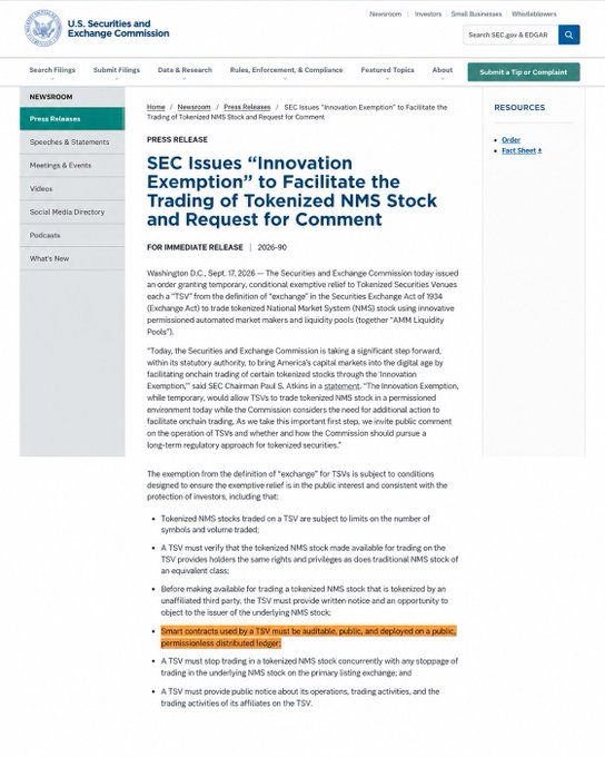 An SEC press release titled 'SEC Issues "Innovation Exemption" to Facilitate the Trading of Tokenized NMS Stock and Request for Comment', with an orange highlight on the bullet point 'Smart contracts used by a TSV must be auditable, public, and deployed on a public permissionless distributed ledger.'