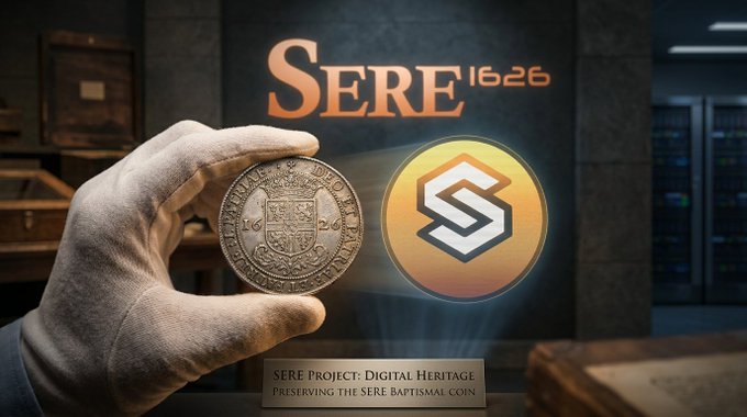 A gloved hand holds an antique coin bearing the date "1626" alongside a glowing hexagonal "S" emblem, with text reading "SERE 1626" and "SERE PROJECT: DIGITAL HERITAGE — PRESERVING THE SERE BAPTISMAL COIN," visually reinforcing the post's message of bridging a centuries-old sacred artifact with modern blockchain symbolism.