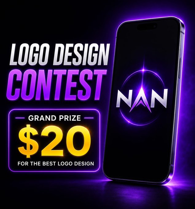 The post features an iPhone showing the "NAN" logo, set against a dark background with purple lighting effects from neon lights surrounding it. Below the image, there is text that reads "LOGO DESIGN CONTEST FOR NAN @nan_arc We are building Nan, a stablecoin payments and financial platform on Arc @arc & we are looking for a logo that represents simplicity, trust, global payments, and financial freedom." The image also includes an offer for a prize of $20.