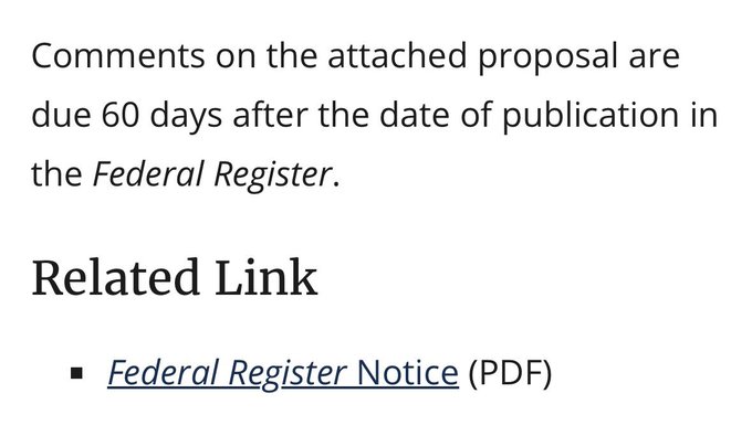 The image shows a snippet stating "Comments on the attached proposal are due 60 days after the date of publication in the Federal Register," along with a "Related Link" to a Federal Register Notice (PDF).

This relates to the post by illustrating the standard administrative boilerplate typically attached to OCC regulatory filings — a brief one-page public release followed by a lengthy detailed proposal, suggesting that the broader supervisory framework (spanning 141 pages) is embedded within the technical content rather than the visible summary.