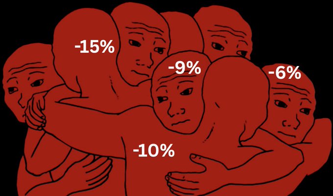 A group of distressed red figures embracing each other, each labeled with negative percentages (-15%, -9%, -6%, and -10%), illustrating the brutal $85 billion crypto market wipeout and Bitcoin's plunge to $62,500.