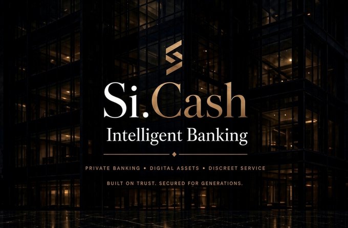 Logo for 'Si.Cash - Intelligent Banking' with tagline 'Private Banking • Digital Assets • Discreet Service' and 'Built on Trust. Secured for Generations.' set against a dark modern building exterior.