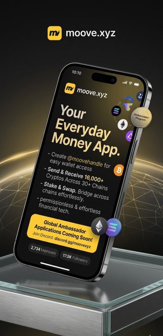 The image features a smartphone with an app displayed on its screen that says "Your Everyday Money App" written in yellow text against a black background. The phone is placed on top of a glass table, which serves as the backdrop for the advertisement. The main focus of the image is the app itself, and it appears to be promoting a new cryptocurrency wallet application called "@moovexyz Your Everyday Money App".