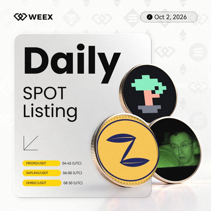 A WEEX "Daily Spot Listing" graphic dated Oct 2, 2026, showcasing three featured coins (PRIORS, SAPLING, and GMBSC) with their listing schedule in UTC, directly matching the accompanying post's listing details.