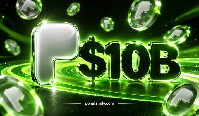 A glossy 3D graphic in green featuring a logo and the text "$10B" from ponsfamily.com, surrounded by floating coin icons.
