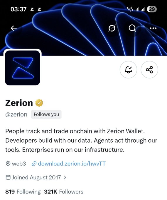 A mobile screenshot of the Zerion Twitter/X profile (@zerion) showing their web3 wallet service with 321K followers and 'Joined August 2017'.
