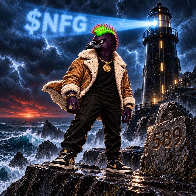 A digital illustration of an anthropomorphic purple bird with a green and pink mohawk, wearing a shearling jacket and gold chain, standing on a rocky shore next to a lighthouse with the text '$NFG' projected in the stormy sky.