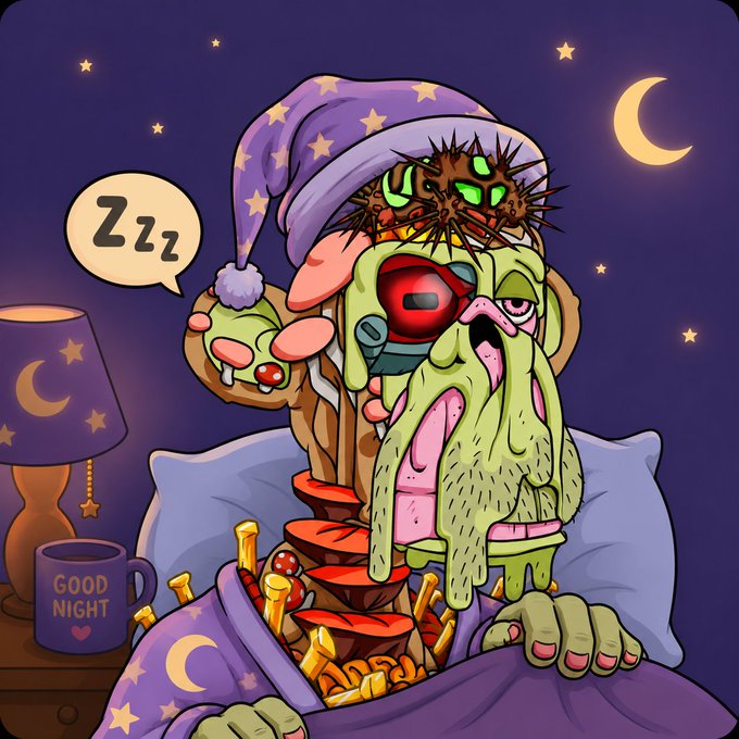 The image features a cartoon character wearing a purple hat with stars and holding a cup of coffee while sitting in bed at night. The caption reads "Good evening, BAYC fam. I hope you all have sweet dreams tonight. Love you all, Ape fam".