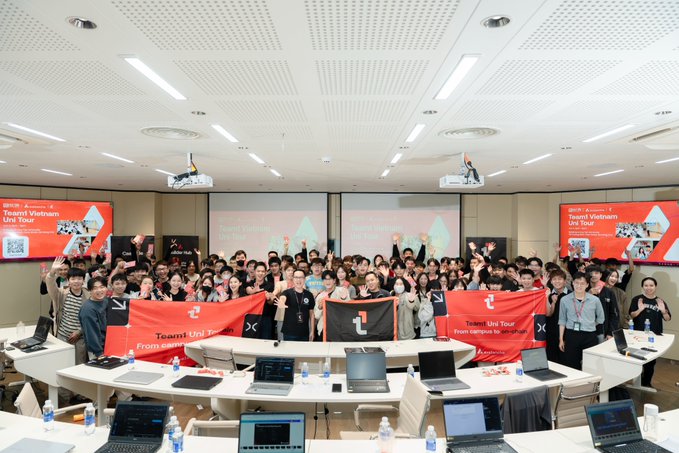 The image shows a large group of people gathered together, with many of them holding up banners or flags. The event appears to be an educational gathering at a university, possibly for a team-building activity or a special occasion. The attendees are standing around tables filled with laptops and other equipment, suggesting that they might be working on a project or participating in a workshop related to technology or software development. The presence of multiple laptops indicates that the event is focused on collaboration and learning among the participants.