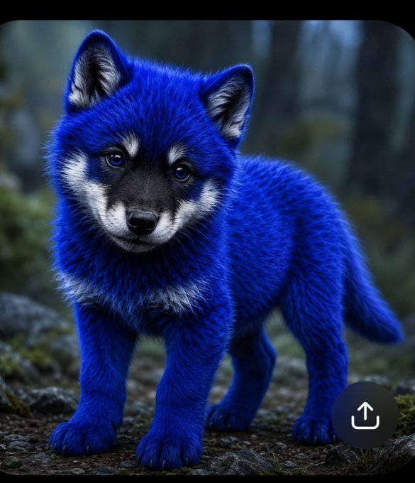 A vibrant blue fox pup with white facial markings standing on a rocky surface in a forest setting.