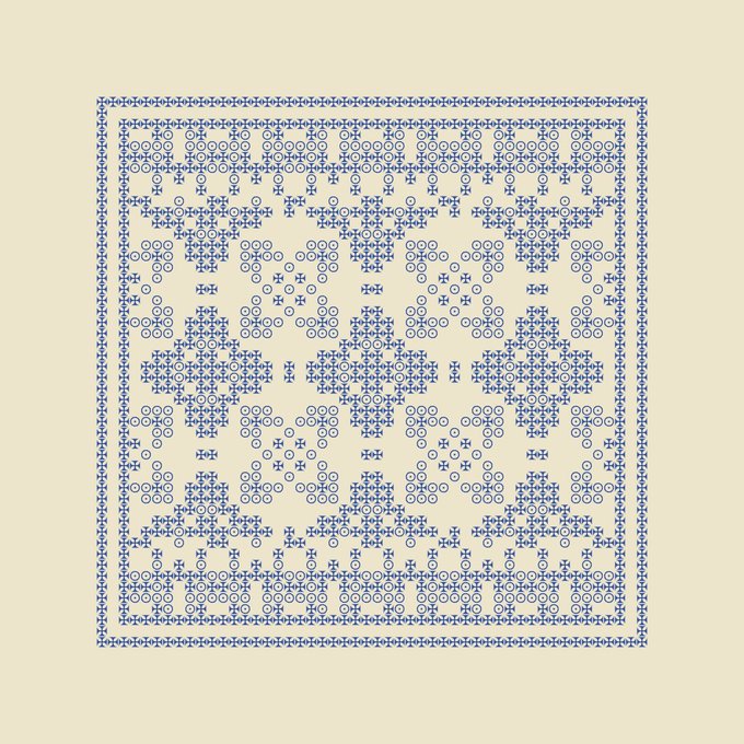 A beige background features a symmetrical blue and cream cross-stitch pattern design with intricate geometric and floral motifs enclosed in a decorative border.
