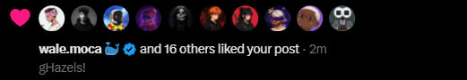 A notification shows that user "wale.moca" and 16 others liked a post, with the comment "gHazels!" displayed below, indicating social media engagement on a post about "signals" related to the gHazels.