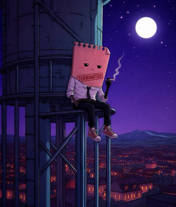A weary, anthropomorphized notepad stamped "TERMINATED" sits dejected atop a moonlit water tower, smoking a cigarette while overlooking a quiet cityscape—visually capturing the "staying strong" sentiment of enduring through the emotional highs and devastating lows of a bull run.