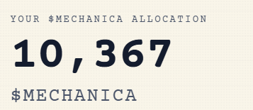 Beige graphic displaying 'YOUR $MECHANICA ALLOCATION: 10,367 $MECHANICA'.