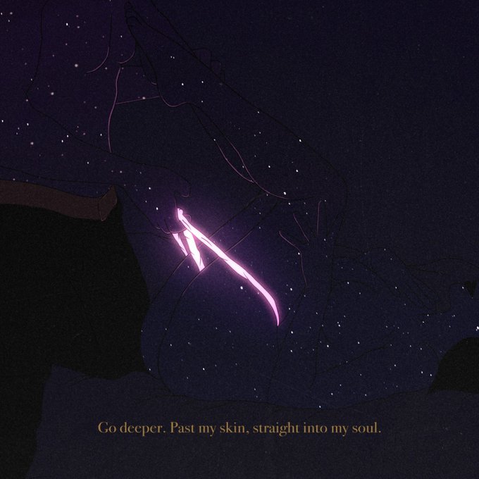 An illustrated scene with silhouetted hands against a starry night background, featuring a glowing pink energy slash and the text 'Go deeper. Past my skin, straight into my soul.'