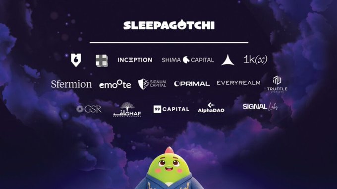 A 'Sleepagotchi' promotional graphic displays various investor logos including Inception, Shima Capital, Sfermion, Primal, GSR, and Truffle Ventures, with a cartoon character at the bottom.