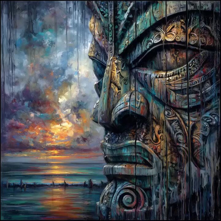 The image features a large, colorful stone sculpture of a face with intricate designs. The sculpture is positioned near the ocean, adding an artistic touch to the scene. The painting depicts a sunset over the ocean, creating a serene atmosphere that complements the vibrant colors and patterns on the sculpture. The post highlights this unique artwork as the first edition of "A Tiki Sentinel" by @Papaliof_NFT, with a generous monetary reward offered for its collection.