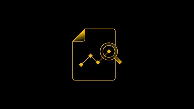 A minimalist gold line-art icon on a black background depicts a document with a line graph and a magnifying glass inspecting a data point.