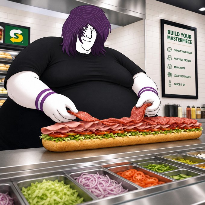 A Subway-style illustration of a large character with purple hair preparing an oversized sandwich, with a "BUILD YOUR MASTERPIECE" sign listing ingredients.