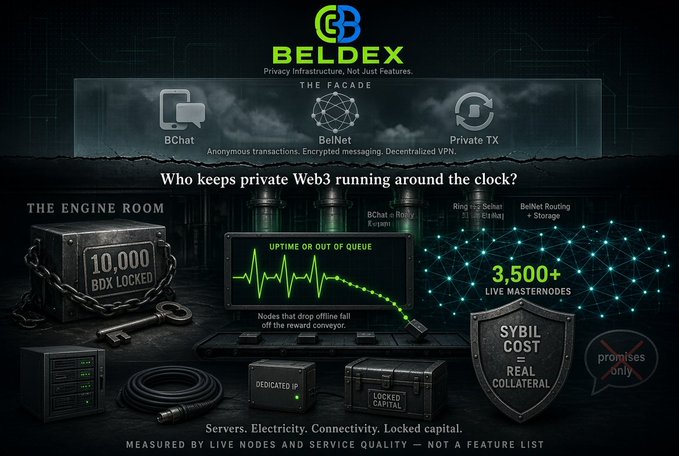A promotional graphic for BELDEX highlighting privacy infrastructure features including BChat, BelNet, Private TX, with '10,000 BDX LOCKED', '3,500+ LIVE MASTERNODES', and 'SYBIL COST REAL COLLATERAL'.