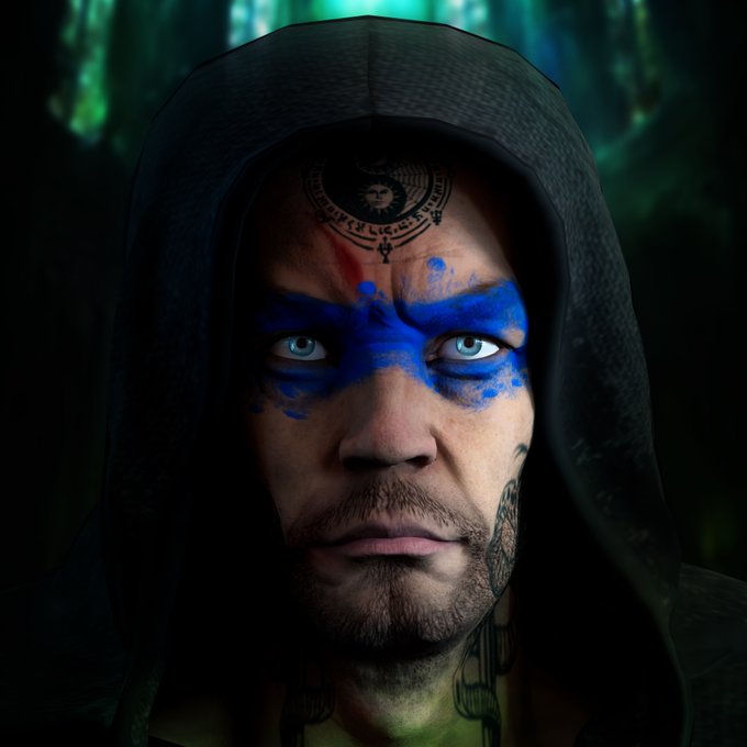 A digital artwork or game character portrait of a hooded man with blue war paint across his eyes and intricate tattoos on his face, set against a dark green forest background.
