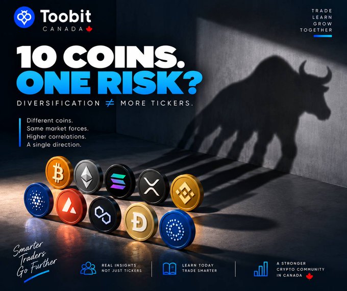 An advertisement for Toobit Canada reads '10 COINS. ONE RISK? DIVERSIFICATION ≠ MORE TICKERS,' showing various crypto coin tokens in front of a bull shadow on a wall.