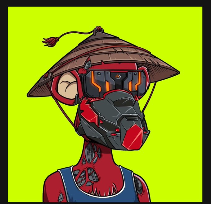 A digital illustration of a cyborg or robot character wearing a traditional Asian conical straw hat over a red and black mechanical face/helmet with glowing orange accents, set against a bright lime green background.