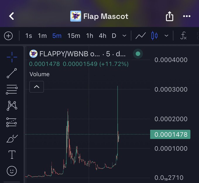 A TradingView chart titled "Flap Mascot" displaying the FLAPPY/WBNB trading pair on the 5-minute timeframe, showing the current price at 0.00001549 (+11.72%) with a recent spike from a baseline around 0.00001478. The chart's upward price movement supports the poster's claim of a significant gains surge, reinforcing their bullish sentiment about FLAPPY potentially reaching millions during BNB meme season.