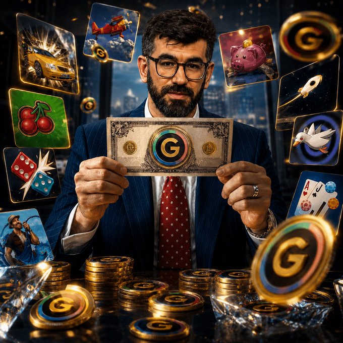 A confident man in a pinstripe suit holds a bill featuring a prominent "G" emblem, surrounded by floating cards depicting slot machines, dice, rockets, and coins—all branded with the "G" logo—visually reinforcing the post's pitch for Pi-Nicolas Sharker, a community-owned Web3 iGaming platform powered by $G Coin Economy.