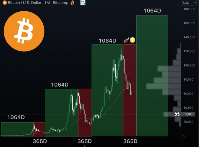 A Bitcoin/USD monthly Bitstamp candlestick chart showing price progression through 1064D and 365D cycles, with the current price marked at $31,093.
