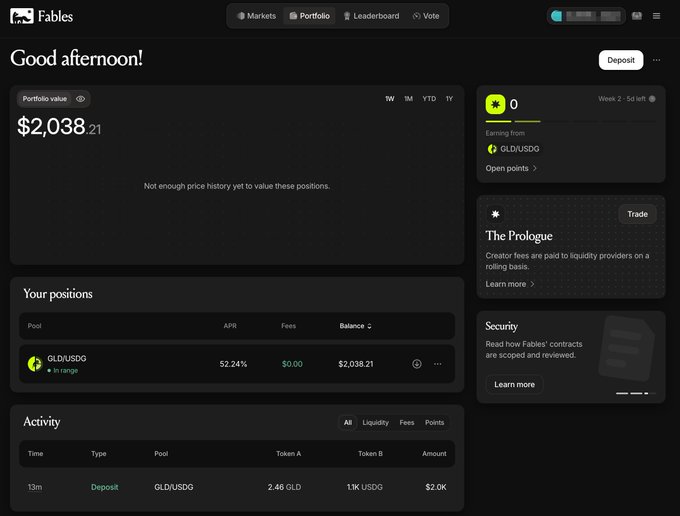 A screenshot of the Fables DeFi platform dashboard showing a portfolio value of $2,038.21, with a position in the GLD/USDG pool earning 52.24% APR.