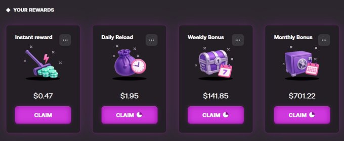 A “YOUR REWARDS” dashboard shows claim buttons for Instant ($0.47), Daily Reload ($1.95), Weekly Bonus ($141.85), and Monthly Bonus ($701.22). The image reinforces the reminder to claim weekly and monthly rewards on @yeet, alongside the mentioned leaderboard and VIP host rewards.