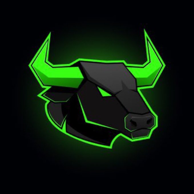 A stylized black bull logo with neon green glowing outlines and horns, set against a black background.