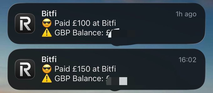 Two iPhone notifications from the "Bitfi" app show transactions: "Paid £100 at Bitfi" and "Paid £150 at Bitfi," both with sunglasses emojis and warning symbols, indicating periodic USDT purchases in preparation for expected market volatility.