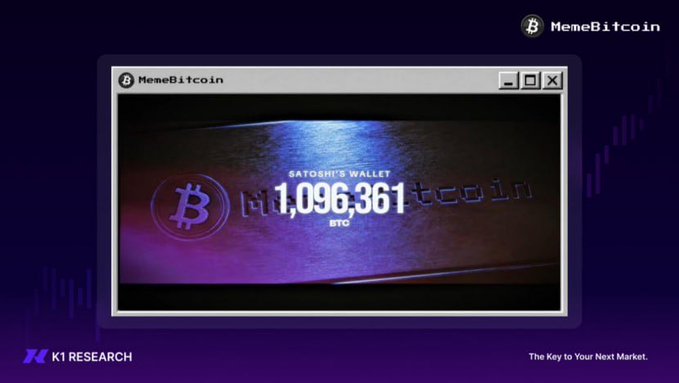 The image displays a stylized computer window interface branded "MemeBitcoin," featuring a dark, atmospheric background with the Bitcoin logo prominently shown alongside the text "SATOSHI'S WALLET" and the figure "1,096,361 BTC," visually representing the long-dormant cryptocurrency holdings attributed to Bitcoin's pseudonymous creator referenced in the accompanying post.