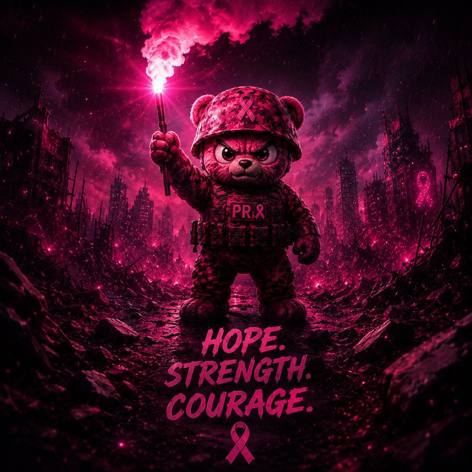 Dramatic dark pink-toned illustration of a soldier teddy bear holding a flare in a war-torn city, with text 'HOPE. STRENGTH. COURAGE.' and a pink breast cancer awareness ribbon below.