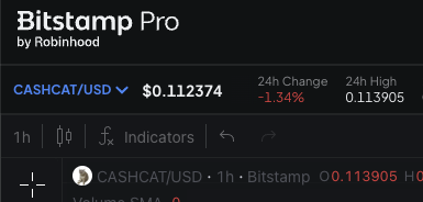 Bitstamp Pro by Robinhood trading interface showing CASHCAT/USD at $0.112374 with a -1.34% 24h change and 24h high of 0.113905.