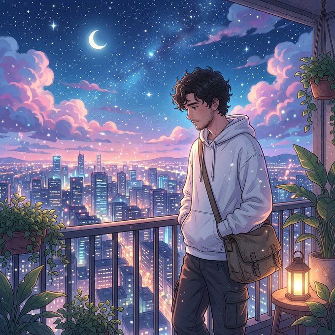 In this captivating digital illustration, a man stands on a balcony with his arms crossed against an urban city skyline backdrop. The city below him is illuminated by blue lights that create a stunning nighttime atmosphere. A moon can be seen in the sky above, adding to the ethereal ambiance of the scene. On the ledge next to the man, there are potted plants and a clock, completing his serene balcony setting. The image also contains the text "gNight fam @sleepagotchi dropped a $120k campaign & everyone'overcomplicating it. Here' s the actual breakdown 60% = Your wallet (Solana holders + gaming folks get the boost) 40% = Your tweets But here' s what kills most people: Only your best tweet per day counts.", which might be part of the creator's explanation or just a coincidental occurrence in the scene.