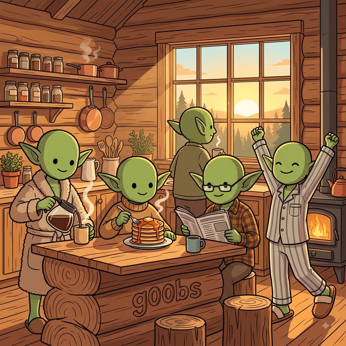 A cozy illustration of five green goblin-like creatures in a rustic wooden cabin, enjoying coffee, pancakes, and a newspaper by a warm fireplace at sunset, with the word 'gOObs' on the wooden table.