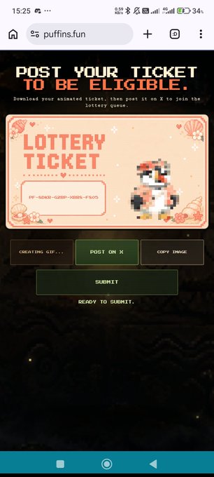 A mobile screenshot of the 'puffins.fun' website showing a 'LOTTERY TICKET' page with instructions to 'POST YOUR TICKET TO BE ELIGIBLE' and buttons to post on X, copy image, or submit.
