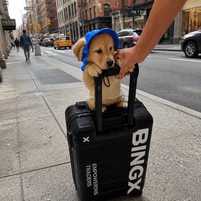 A golden retriever puppy in a blue hood peeks out from a black suitcase branded with "BINANCE EMPOWERS TRADERS" while being pushed down a city street. The image fits the "Dog Day" post perfectly, showing an adorable pup traveling in style with the crypto exchange's logo.