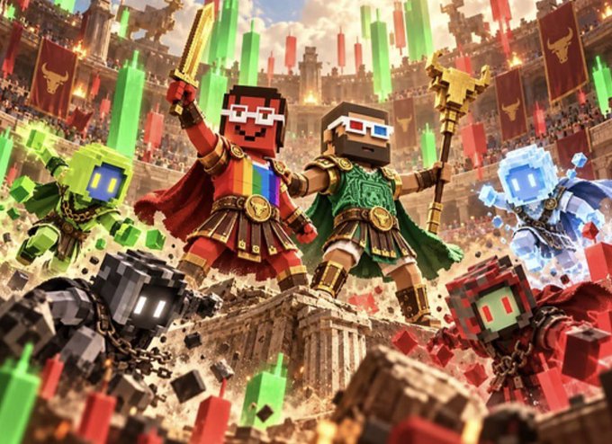 A digital illustration depicts blocky, Minecraft-style characters dressed as gladiators in a Roman colosseum, accompanied by smaller green and blue blocky creatures.