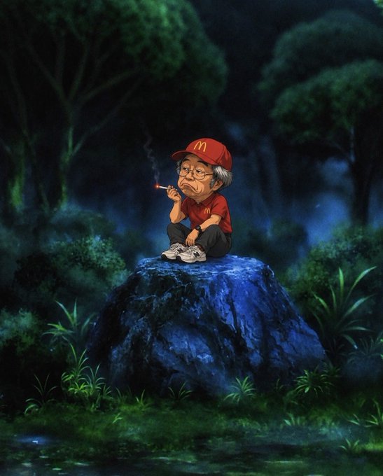 A stylized cartoon illustration of a sad-looking elderly character wearing a red McDonald's uniform and cap, sitting on a rock in a dark forest while smoking a cigarette.