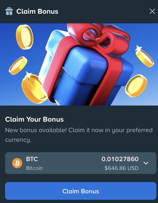 A "Claim Bonus" pop-up from Stake featuring a blue gift box with a red bow and gold coins, offering 0.01027860 BTC (~$646.86 USD) as a weekly reward. The image matches the post's claim of a $600+ Stake weekly bonus drop available via the referral link.